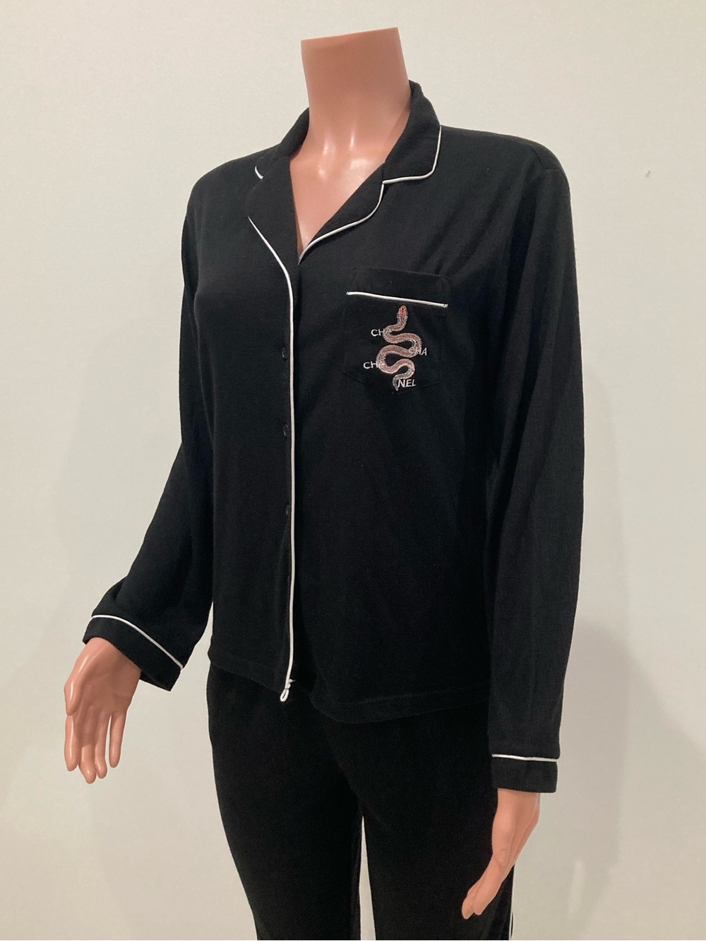 LA/TC Cha Cha Cha Nel Snake Black White LS Button Top Bottoms Pajama Set S